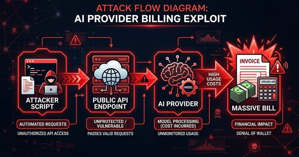 Attack flow: Attacker Script → Public API Endpoint → AI Provider → Massive Bill