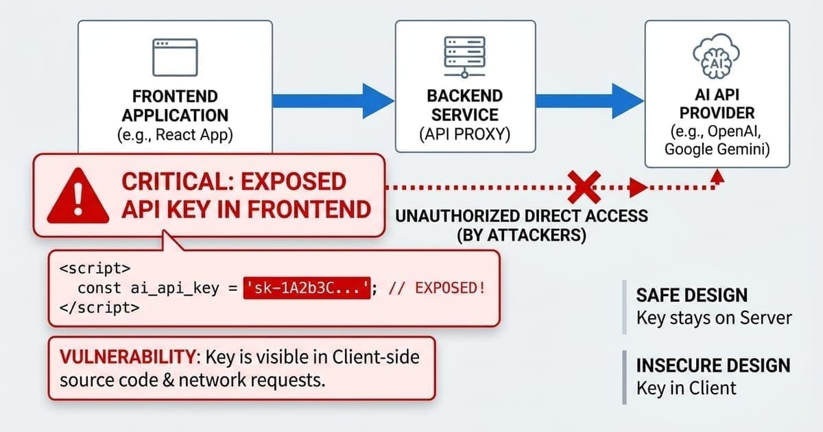 Diagram: Frontend with exposed API key flows to Backend and AI API, with red warning badge