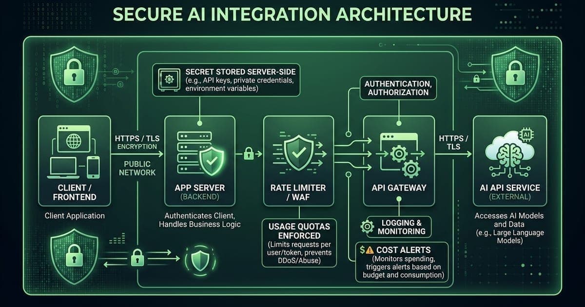 Secure architecture: Frontend → Backend → Rate Limiter → API Gateway → AI API, with labels: secret stored server-side, usage quotas, cost alerts
